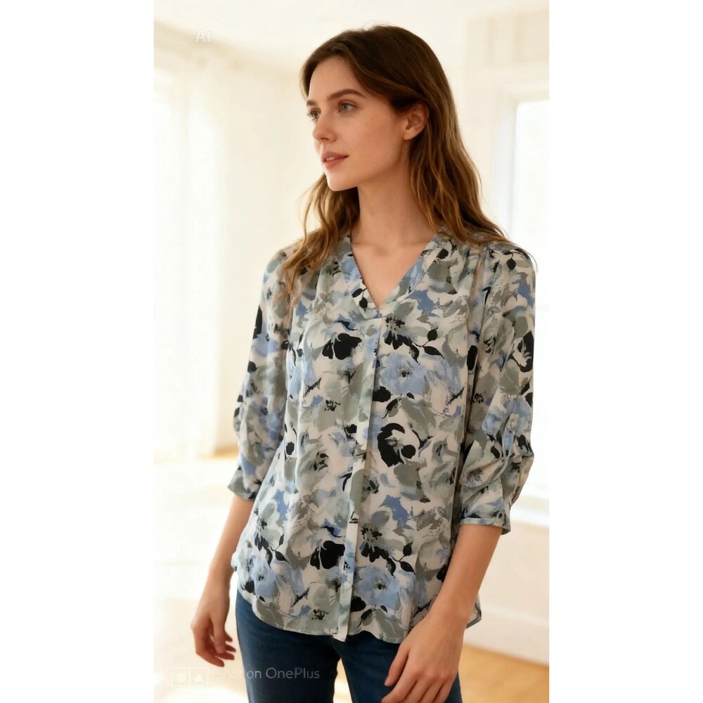 Anne Klein Womens Petite PS Blue Floral V-Neck Roll Tab 3/4 Sleeve Blouse